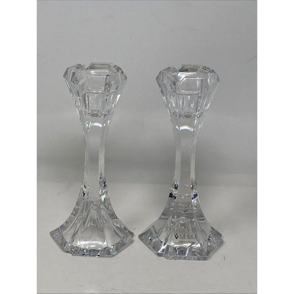 Set Of 2 Royal Irish 24% Lead Crystal Glass Candle Holders Candlesticks 6” NEW